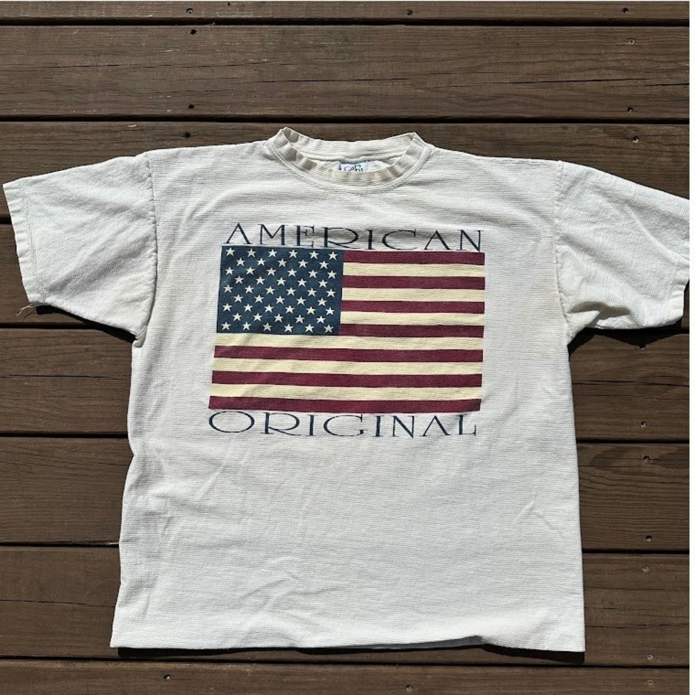 Vintage Cal Cru American Original Flag T-Shirt White Textured Mens XL USA 90s